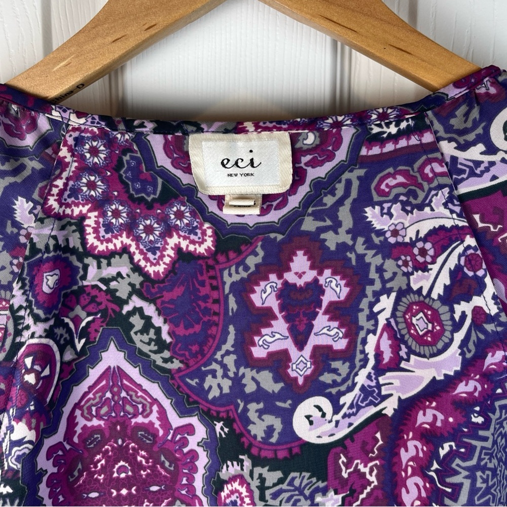 eci New York Multi Purple & Gray Blouse Elastic Waist Hem Ruffles Women’s Size 8 - Picture 12 of 14